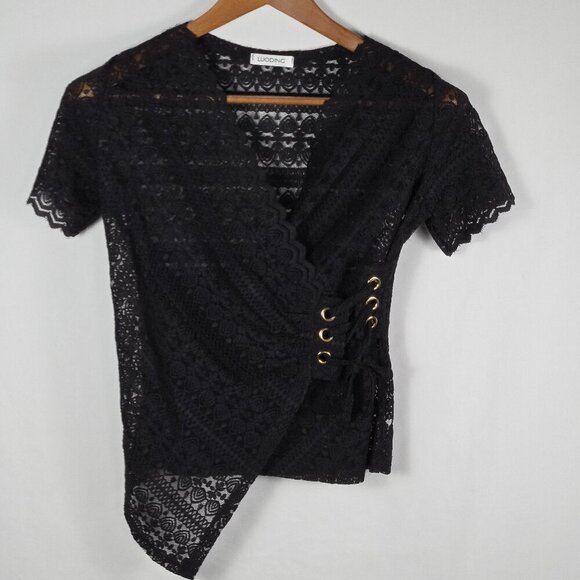 LUODING Gothic Black Lace Wrap Top w/ Grommet Corset Detail & Asymmetrical Hem - Picture 1 of 12